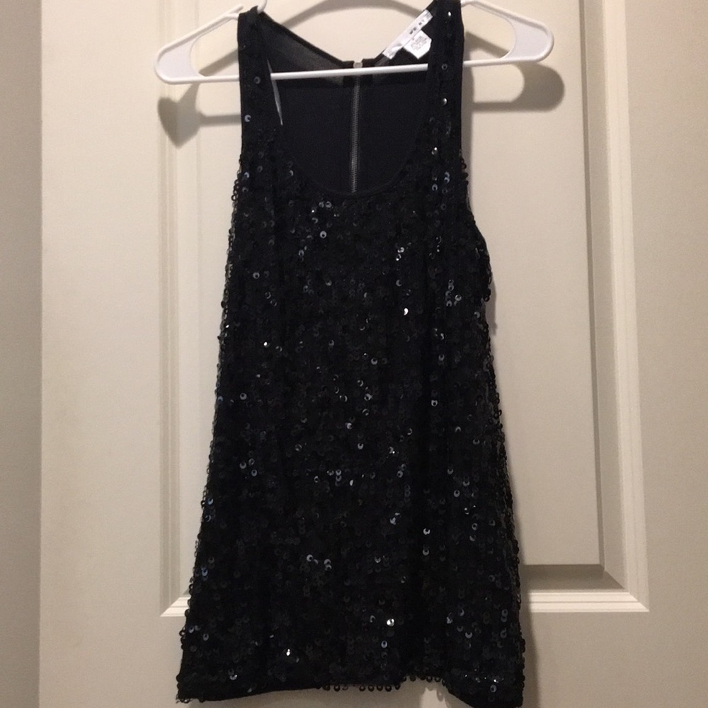 WD.NY womens Sequins Racer tank Top back zip,lined front,sheer back size M black